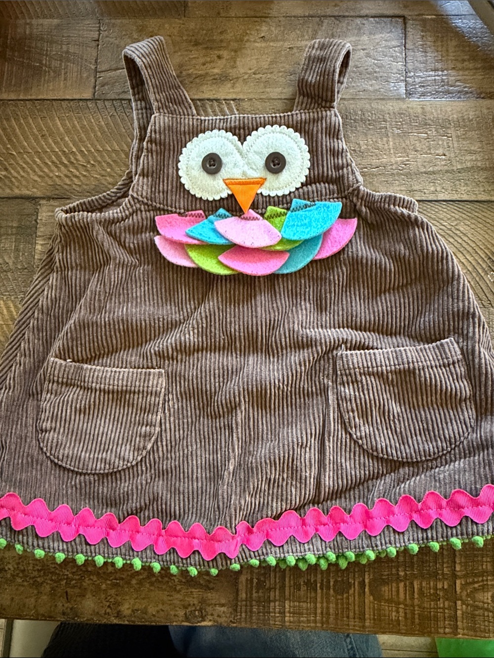Mud Pie Brown Corduroy Owl Pocket Dress with Pink, Green, Blue Accents